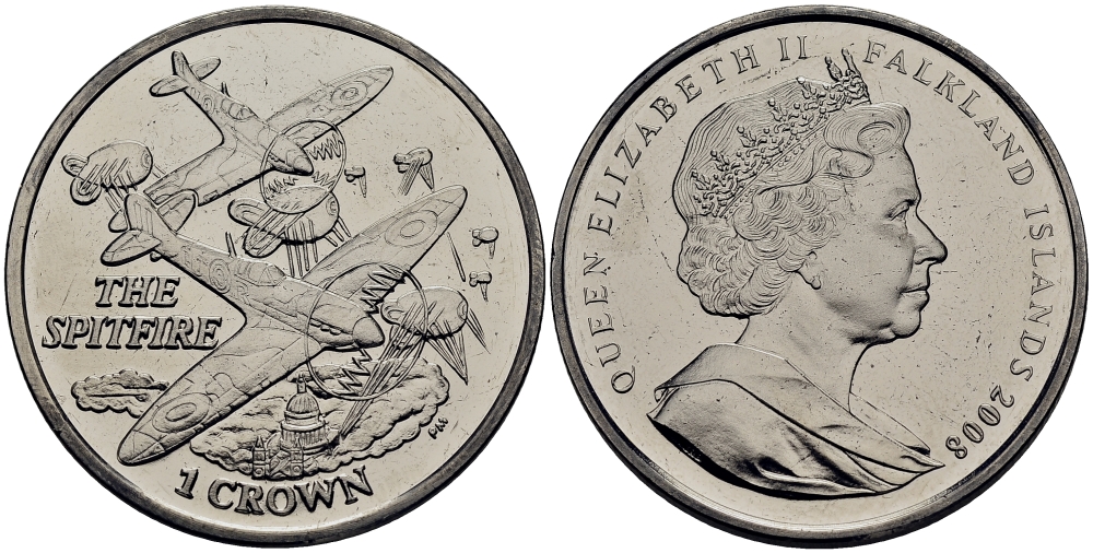 Фолклендские острова 1 крона 2008 самолеты II ой мировой войны, супермарин Спитфайр KM 153 медно-никель UNC M80-09