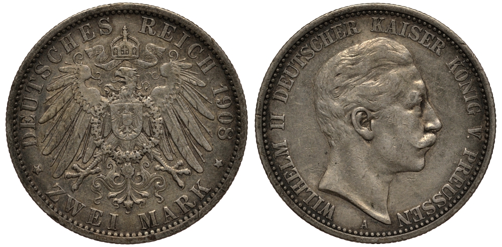 Пруссия 2 марки 1908 A, Вильгельм II (1888-1918) J.102, Weege 101, KM 522 серебро 3711-815