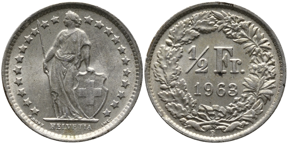 Швейцария 1/2 франка 1963 B KM 23 серебро 96-1131