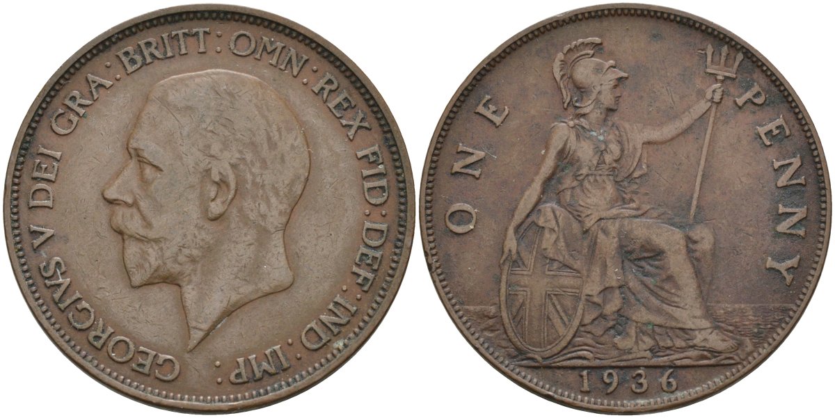 Великобритания 1 пенни 1936 Георг V (1910-1936) KM 838, Spink 4055 бронза 4593-436