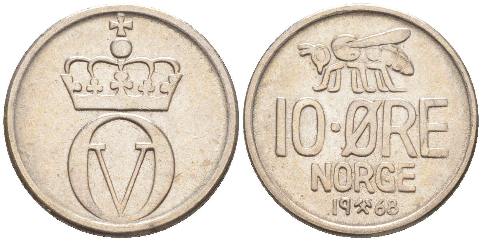 Норвегия 10 эре 1968 пчела, Улаф V (1958-1991) KM 411 медно-никель 63-332