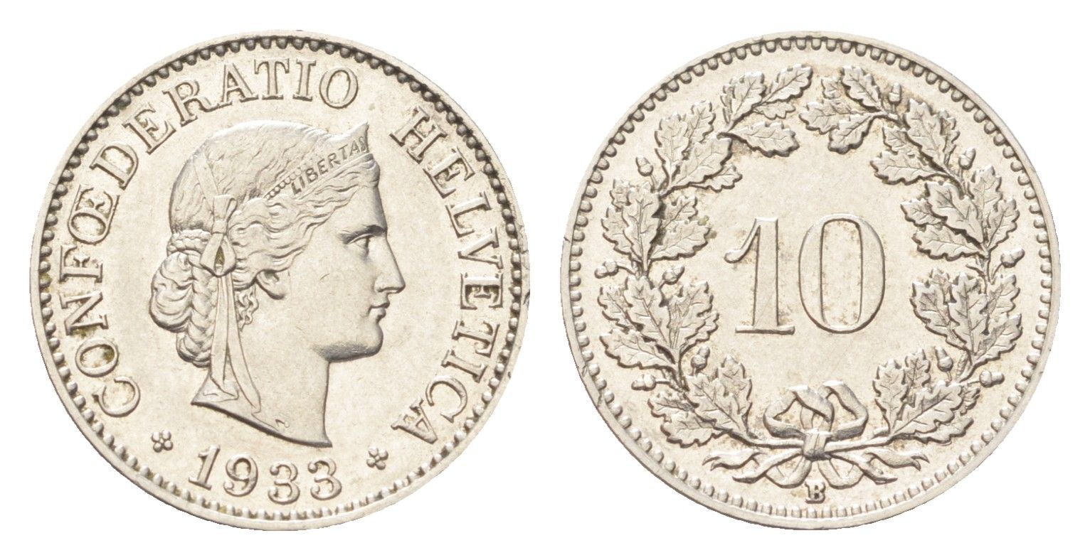 Швейцария 10 раппенов 1933 B KM 27b никель 4708-148