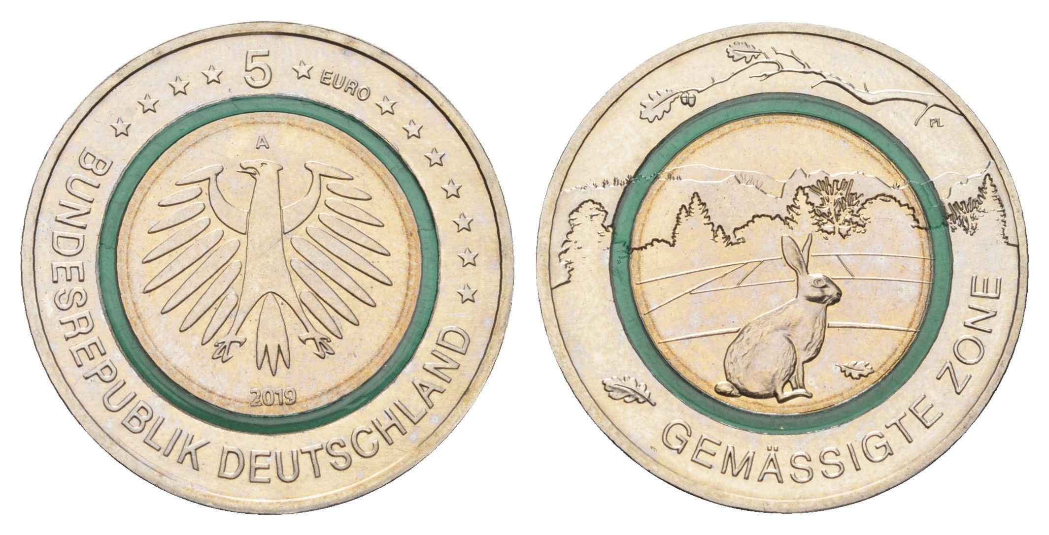 Германия 5 евро 2019 A, Умеренная зона KM 380 триметалл UNC 4693-922