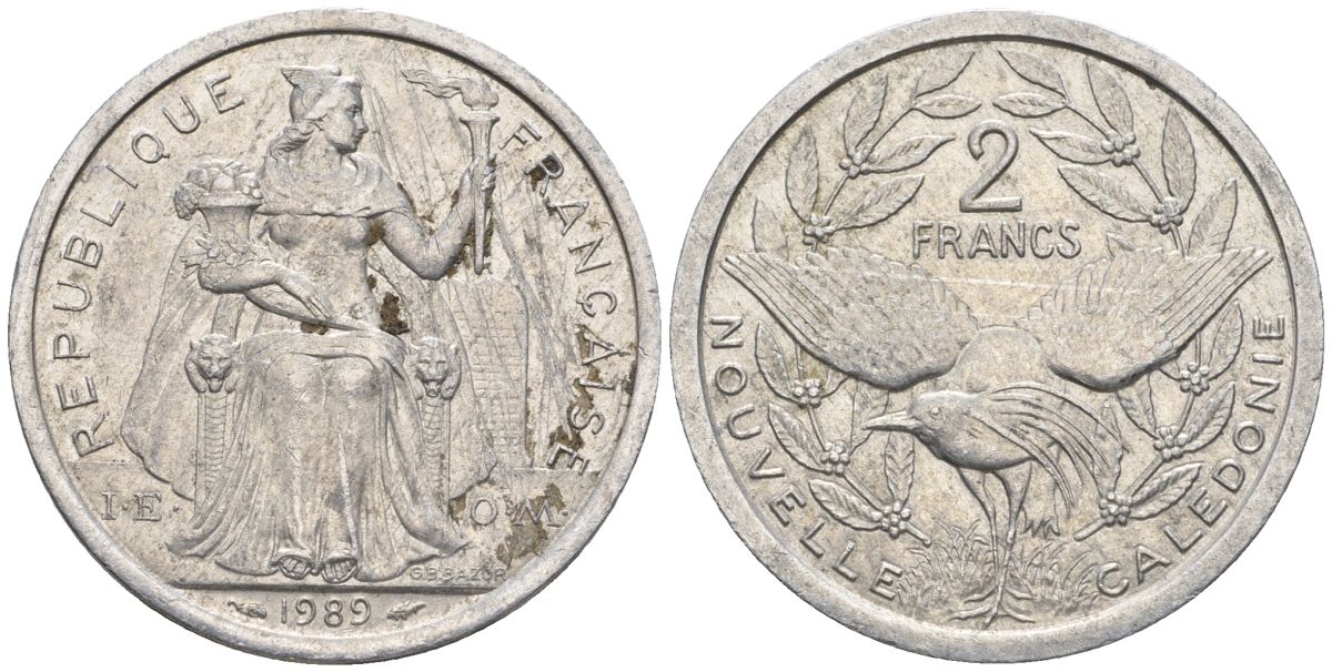 Французская Новая Каледония 2 франка 1989 птица кагу, (IEOM) KM 14, Schoen 11, Lec 65 алюминий    24-816
