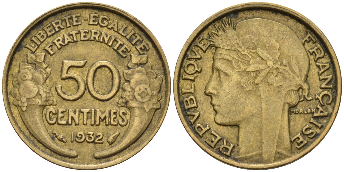 Франция 50 сантимов 1932 KM 894.1, Le Franc 192.15 алюминиевая бронза 4596-745