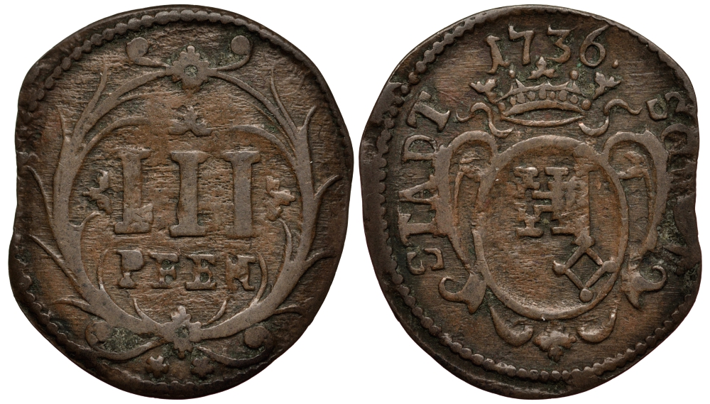 Соест 3 пфеннига 1736 KM 24 медь 000-000