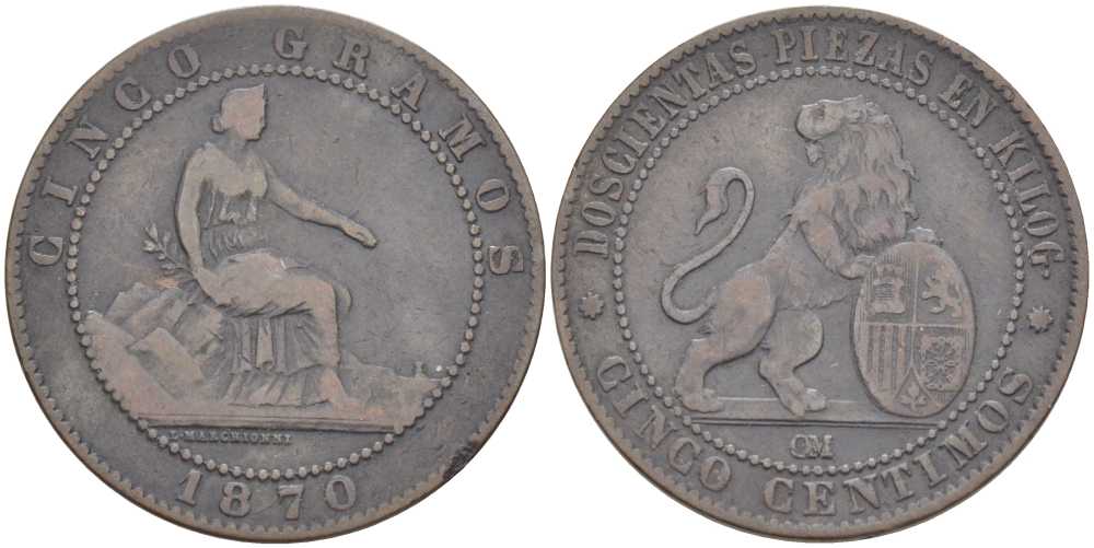 Испания 5 сентимо 1870 ОМ, лев со щитом KM 662 (Y53) медь 111-934