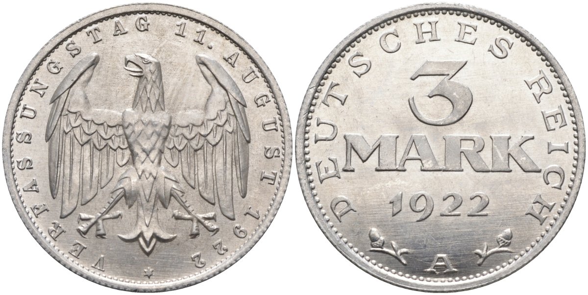 Германия 3 марки 1922 A, третья годовщина Веймарской Конституции KM 29, J.303 алюминий UNC 4587-126