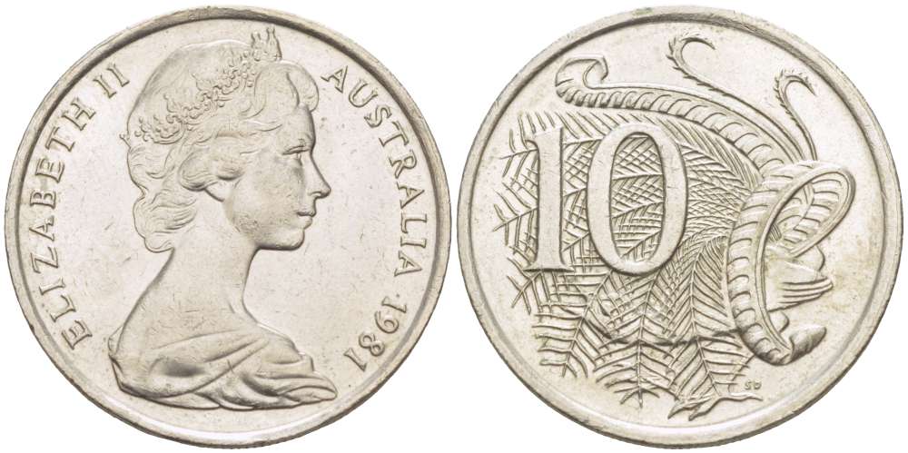 Австралия 10 центов 1981 Елизавета II (1952-), птица лирахвост KM 65 медно-никель 4519-424