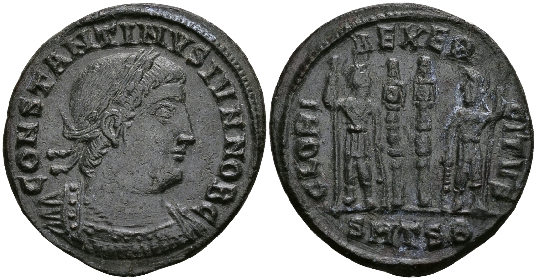 Римская Империя нуммий 334 - 335 Константин II в ранге цезаря GLORIA EXERCITVS Фессалоника Good Very fine (R1) RIC 199 бронза 1073-3-5-2