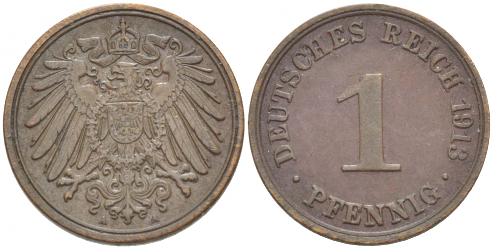 ГЕРМАНИЯ 1 ПФЕННИГ 1913 А KM 10, J.10 медь 4532-525
