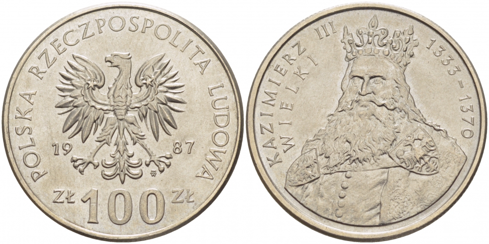 Польша 100 злотых 1987 MW, серия Польские короли, король Казимир III Великий (1333-1370) KM 167 медно-никель 3996-115