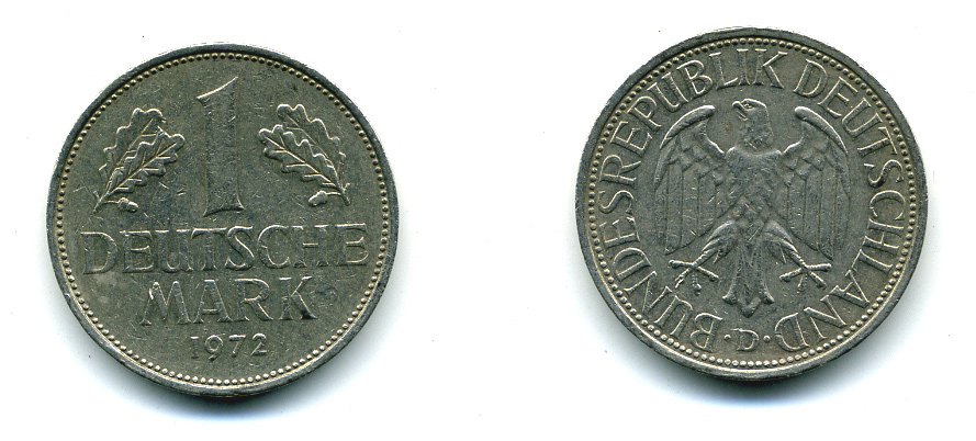 ФРГ 1 МАРКА 1972 D KM 110, J. 385 медно-никель 35-452
