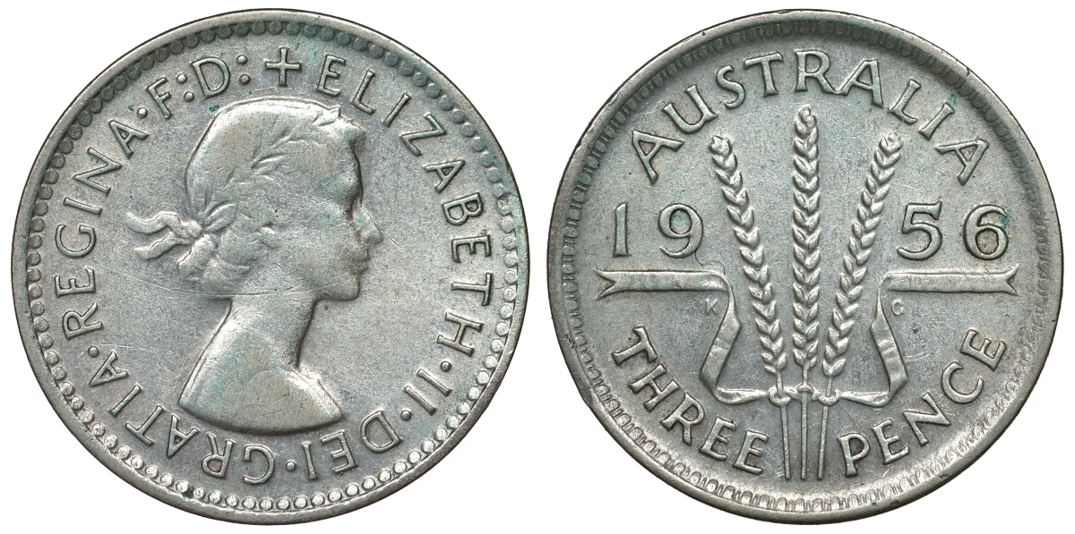 Австралия 3 пенса 1956 m, Елизавета II (1952-2022) KM 57 серебро 71-456