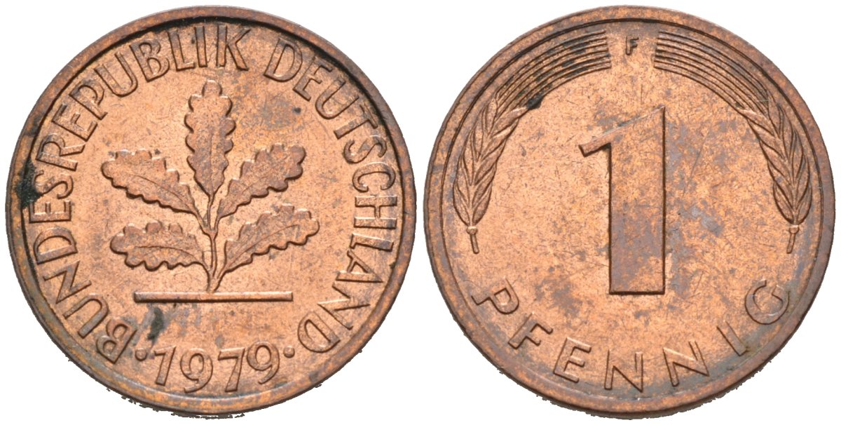 ФРГ 1 пфенниг 1979 F KM 105, J.380 сталь плакированная медью 4567-934