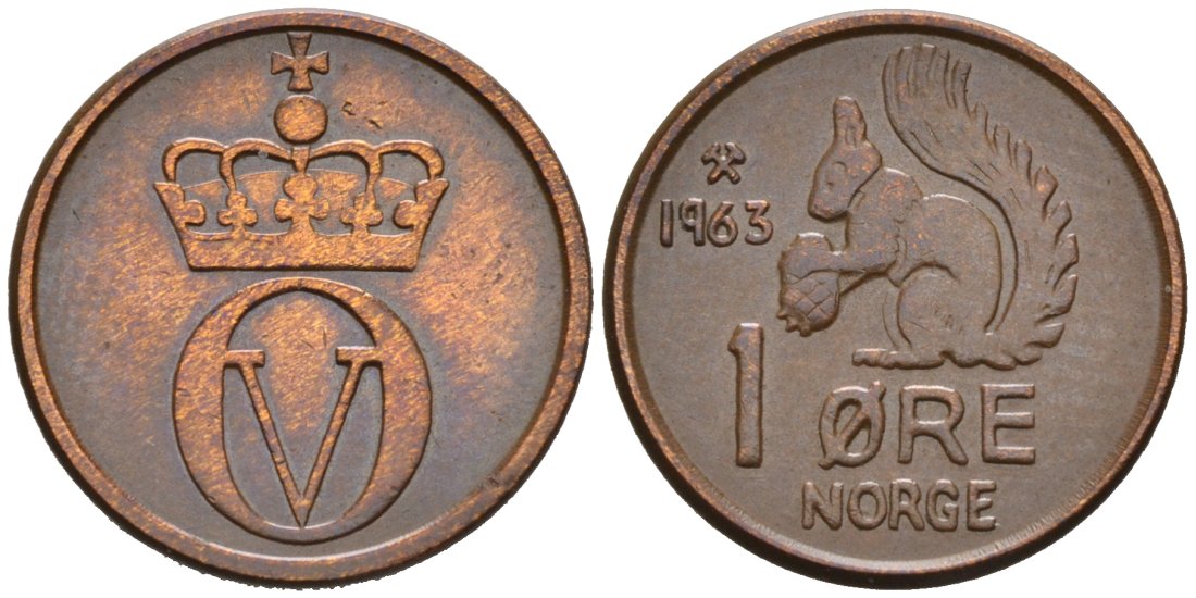 Норвегия 1 эре 1963 БЕЛКА, Улаф V KM 403 бронза 4564-818