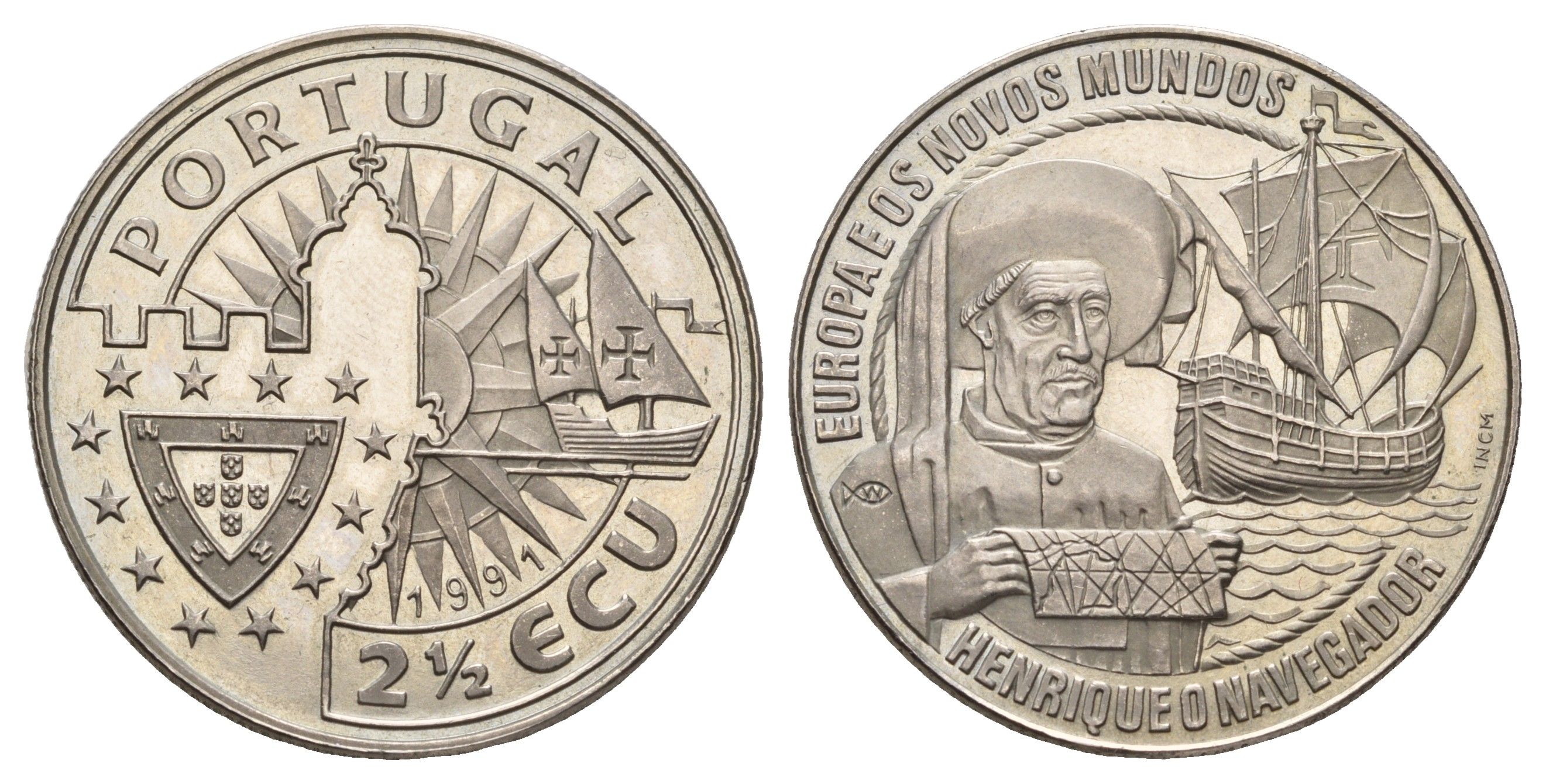 Португалия 2 1/2 (2,5) экю 1991 Европа и Новый Свет - Генрих Мореплаватель X 21 медно-никель BU 51-4611