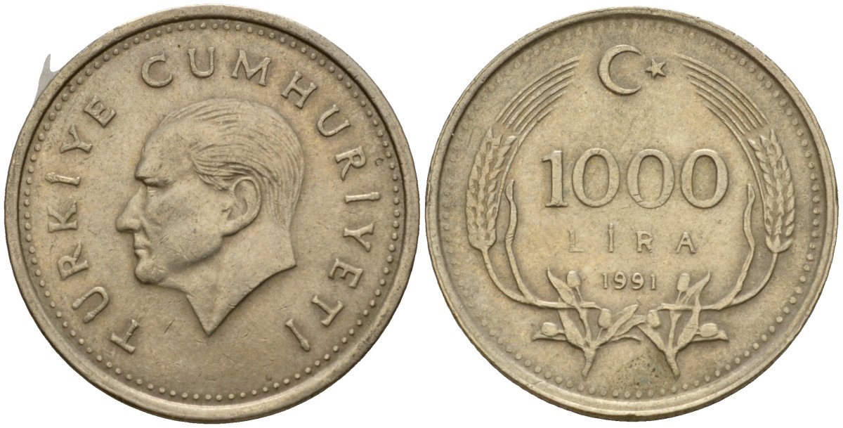 Турция 1000 лир 1991 Кемаль Ататюрк KM 997 медь цинк никель 4601-712