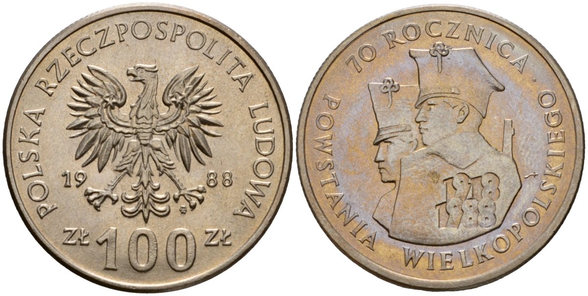 Польша 100 злотых 1988 MW, 70 лет Великопольскому восстанию KM 182 медно-никель UNC 180-912