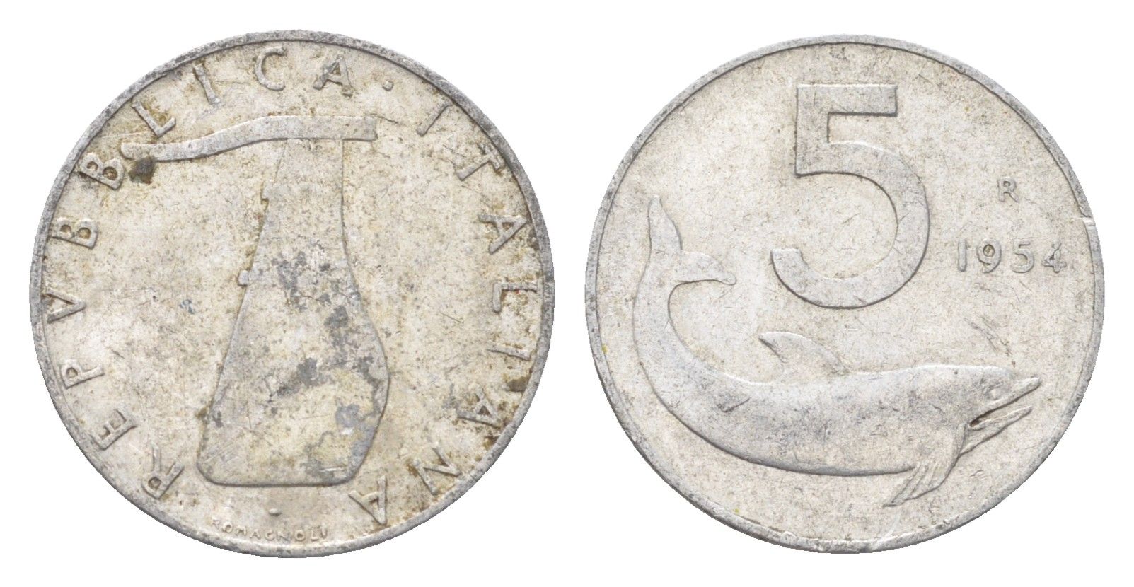 Италия 5 лир 1954 R, дельфин, плуг KM 92 алюминий 4705-156