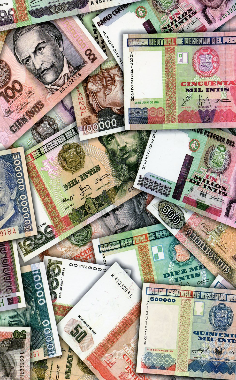 Перу официальный набор из 11 банкнот 1985-1990 реформа 1985 года, от 10 до 1000000 инти   бумага  UNC (пресс) 451-1410-1