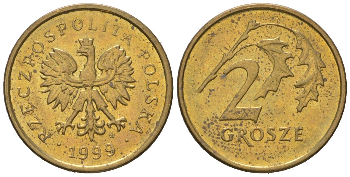 Польша 2 гроша 1999 MW KM 277, Parchimowicz 702f латунь UNC 4567-1046
