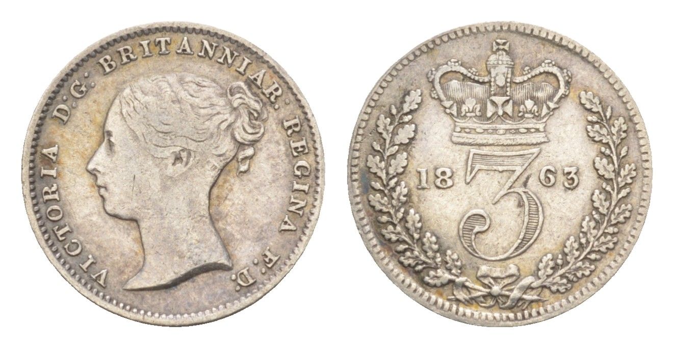Великобритания 3 пенса 1863 Виктория (1837-1901) KM 730, Spink 3914 серебро 1526-441
