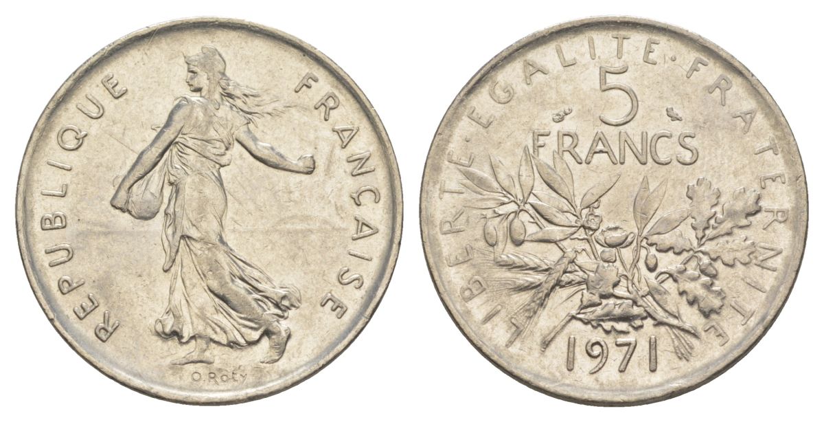 Франция 5 франков 1971 сеятель KM?926a.1, Le Franc 341.3 медно-никель плакированный никелем 4185-316