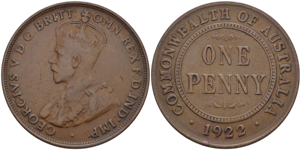 АВСТРАЛИЯ 1 ПЕННИ 1922 ГЕОРГ V KM 23 бронза 82-715