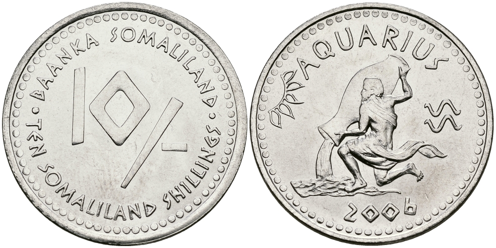 Сомалиленд 10 шиллингов 2006 СЕРИЯ ЗНАКИ ЗОДИАКА, ВОДОЛЕЙ KM NEW никелированная сталь UNC 540-833