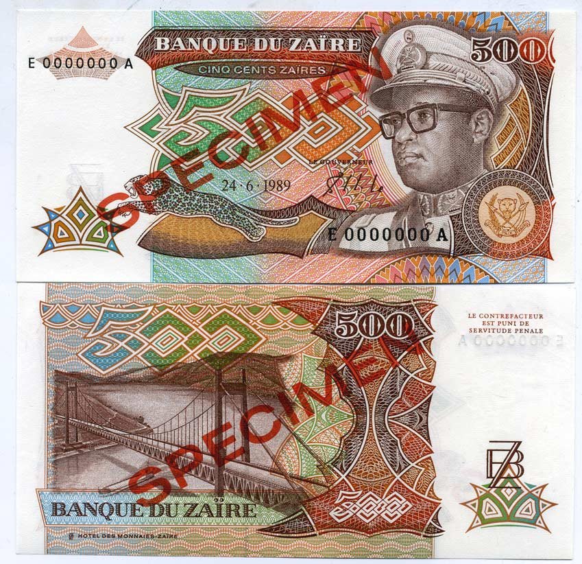 Заир 500 заиров 1989 Мобуту Сесе Секо в военной форме, мост через реку Конго. Образец, Specimen Pick 34 s бумага UNC (пресс) 448-40-2