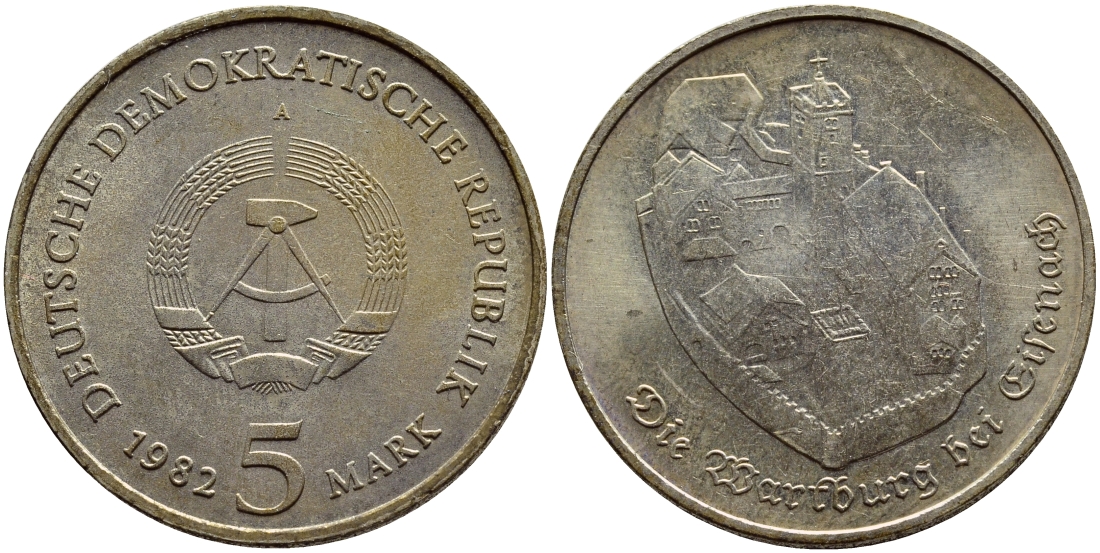 ГДР 5 марок 1982 А, Гете, Замок Вартбург в Эйзенахе KM 86 медь цинк никель aUNC 59-1742