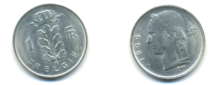 БЕЛЬГИЯ 1 ФРАНК 1966 BELGIE KM 143.1 медно-никель UNC 83-347