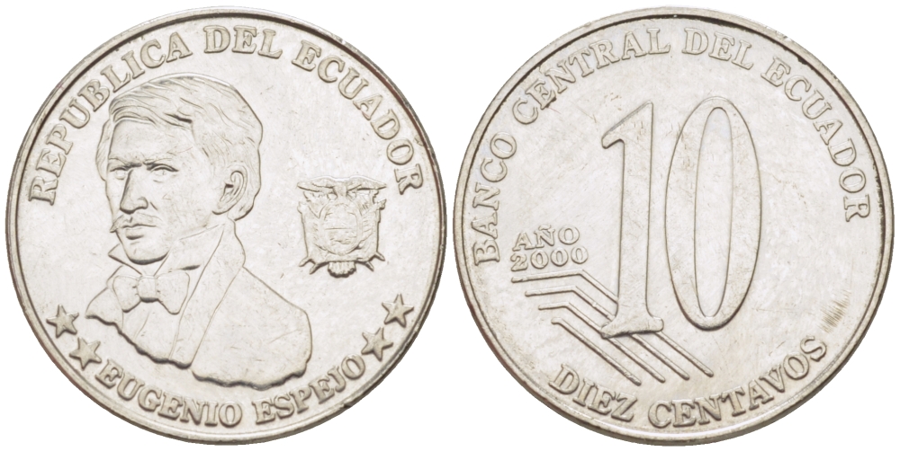 ЭКВАДОР 10 СЕНТАВО 2000 ЭУХЕНИО ЭСПЕХО KM 106 сталь 66-911
