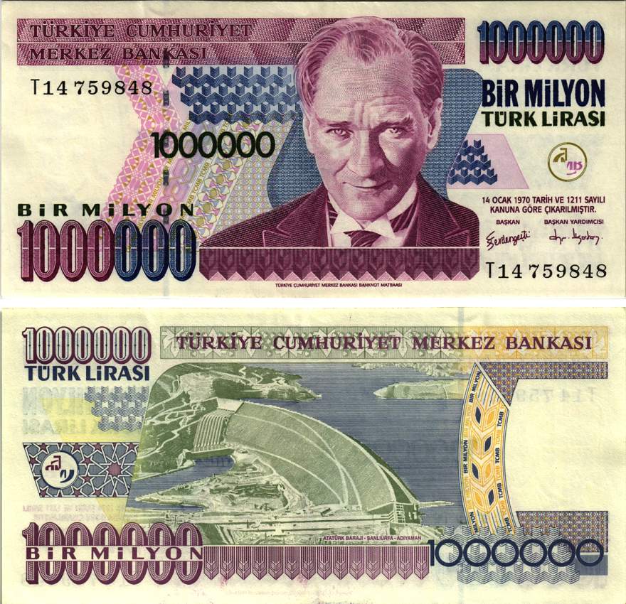 ТУРЦИЯ 1000000 ЛИР 2002 КЕМАЛЬ АТАТЮРК Pick 213 бумага XF 8615-59-3-1