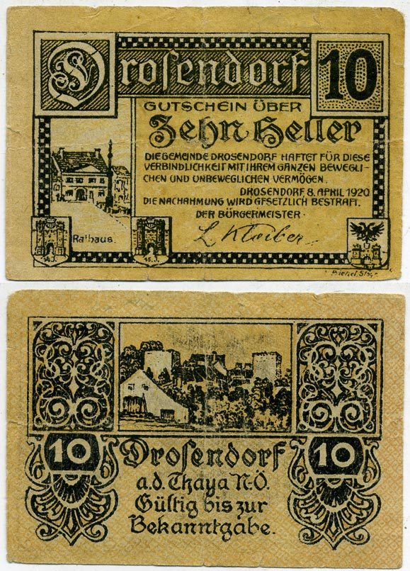 ДРОСЕНДОРФ, АВСТРИЯ 10 ГЕЛЛЕРОВ 1920 НОТГЕЛЬД бумага 445-48-1-2