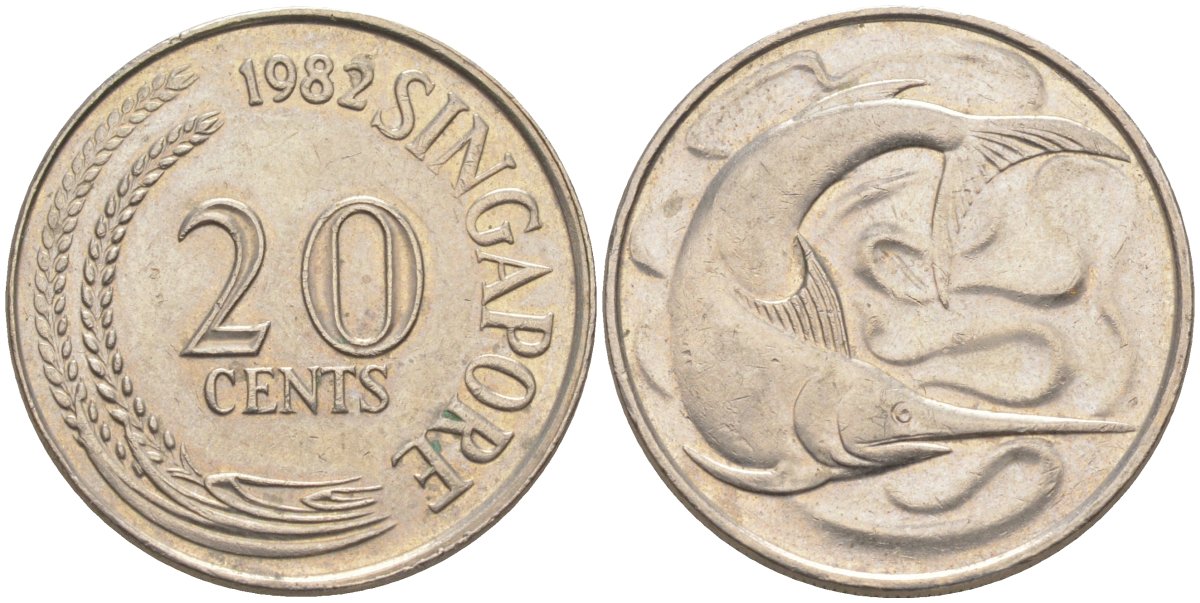 Сингапур 20 центов 1982 голубой марлин, тунец KM 4 медно-никель 219-1032