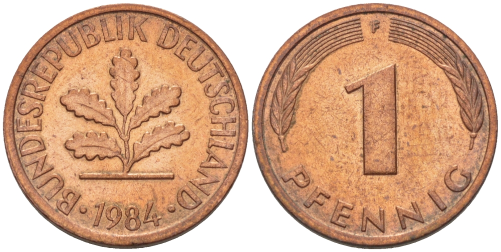 ФРГ 1 ПФЕННИГ 1984 F KM 105, J.380 сталь плакированная медью 66-443