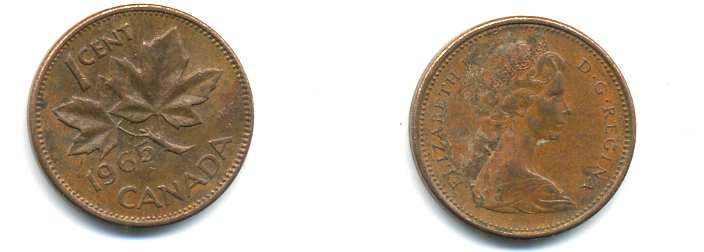 Канада 1 цент 1965 Елизавета II (1952-2022), кленовый лист KM 59.1 бронза 177-1332