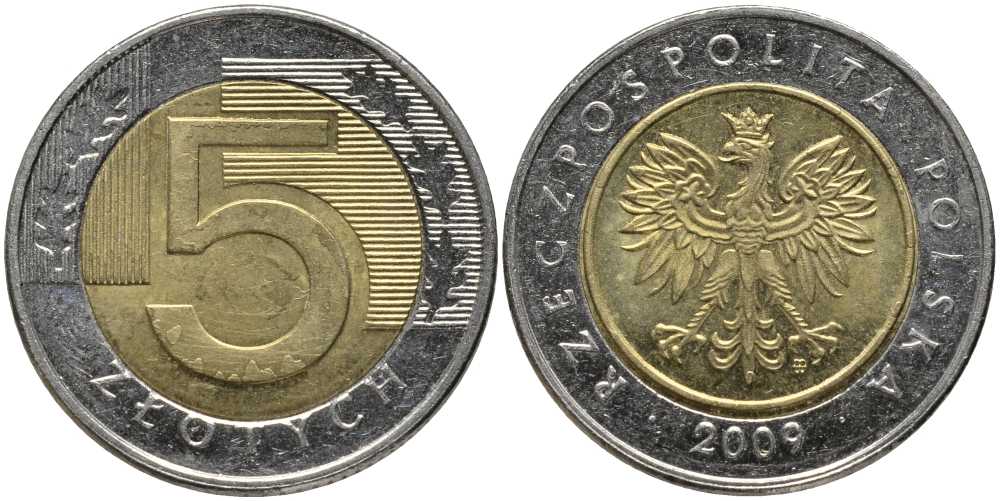Польша 5 злотых 2009 MW KM 284 биметалл 93-613