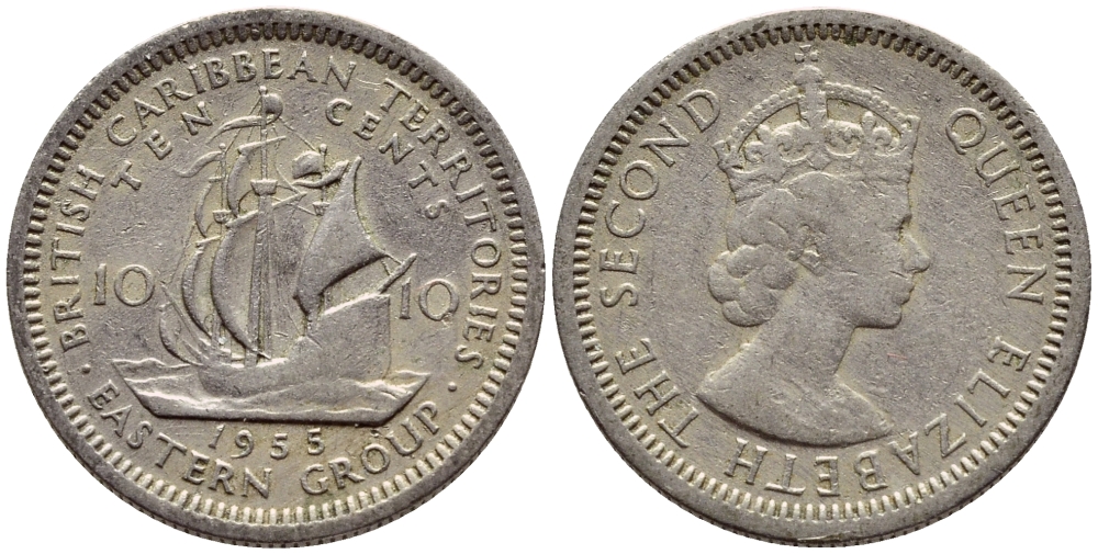 Британские Восточно-Карибские территории 10 центов 1955 Елизавета II (1952-2022), парусник KM 5 медно-никель 4393-957