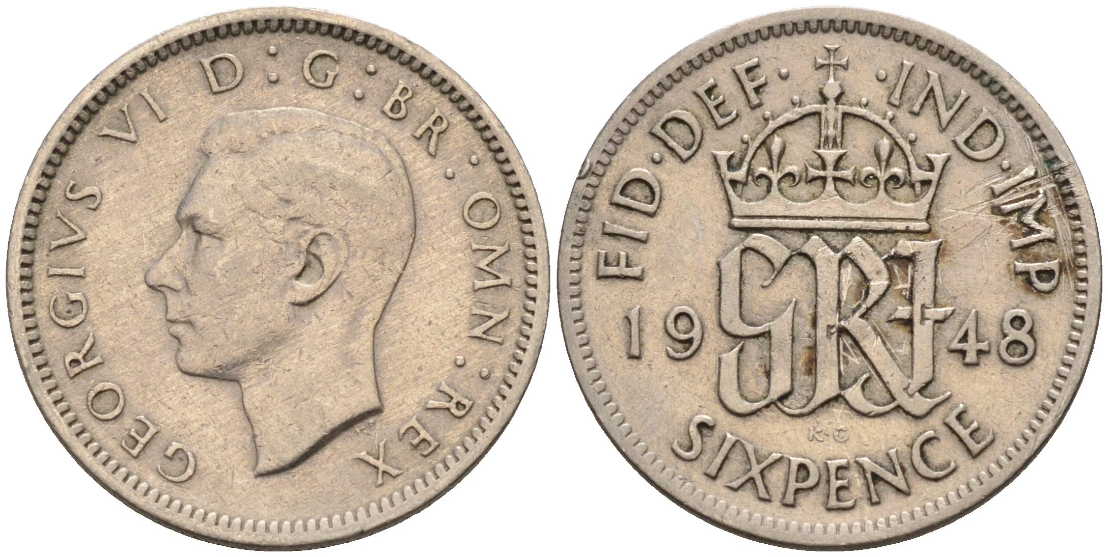 Великобритания 6 пенсов 1948 Георг VI (1936-1952) KM 862, Spink 4105 медно-никель 4588-618