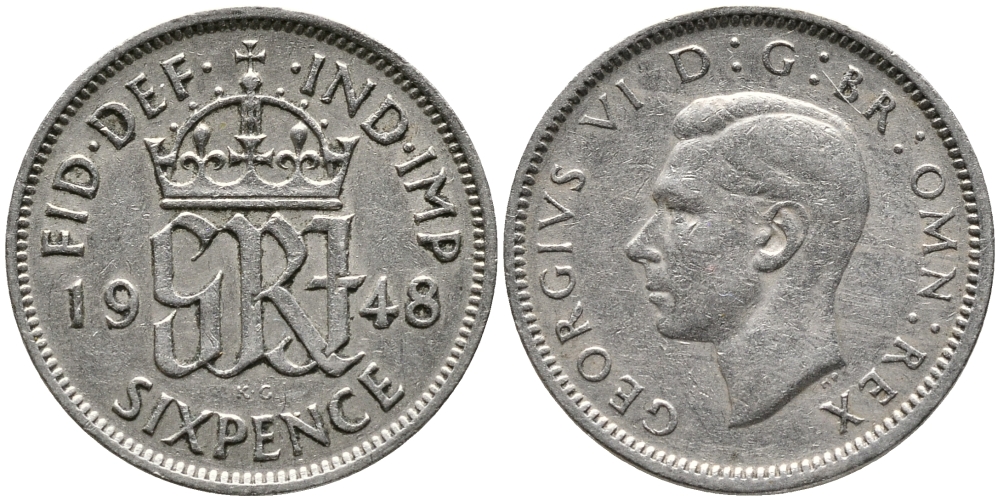 Великобритания 6 пенсов 1948 Георг VI (1936-1952) KM 862, Spink 4105 медно-никель 100-546