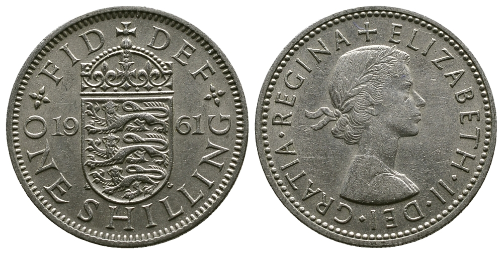 Великобритания 1 шиллинг 1961 Елизавета II (1952-2022), Английский герб KM 904, Spink 4147 медно-никель 4384-433