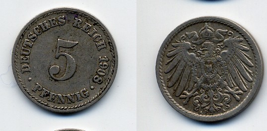 Германия 5 пфеннигов 1908 A KM 11, Jager 12, Weege 6 медно-никель 84-1669