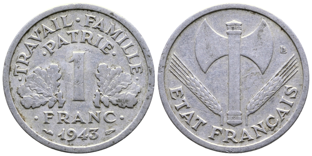 ФРАНЦИЯ 1 ФРАНК 1943 LB, ТИП LEGERE, ПРАВИТЕЛЬСТВО ВИШИ KM 902.1, LE FRANC 223.3 алюминий 80-1035