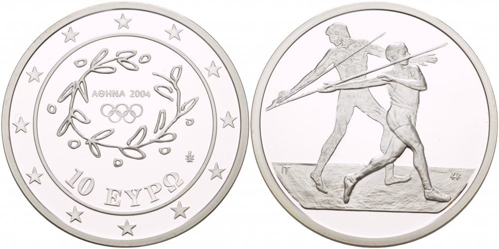Греция 10 евро 2003 XXVIII летние Олимпийские игры 2004 года в Афинах, метание копья KM 193 серебро PROOF 1088-4-14