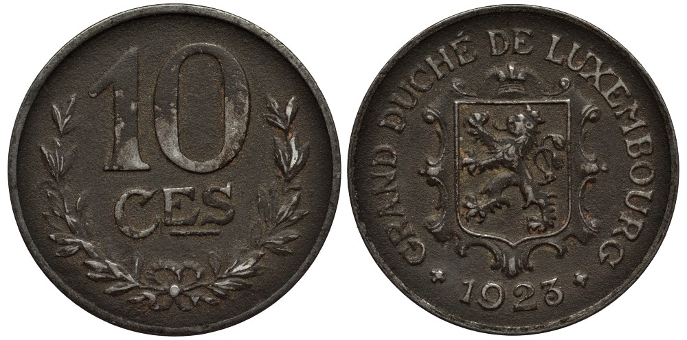 ЛЮКСЕМБУРГ 10 САНТИМОВ 1923 ВЕЛИКАЯ ГЕРЦОГИНЯ ШАРЛОТТА (1919-1964) KM 31 железо 4538-846