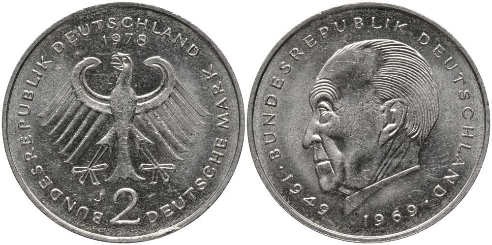 ФРГ 2 МАРКИ 1978 J, КОНРАД АДЕНАУЭР KM 124, J. 406 медно-никель плакированный никелем 109-941