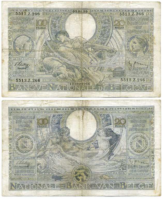 БЕЛЬГИЯ 100 ФРАНКОВ - 20 БЕЛГА 1939 3 ЯНВАРЯ 1939 Pick 107 бумага 6262-52-3-2